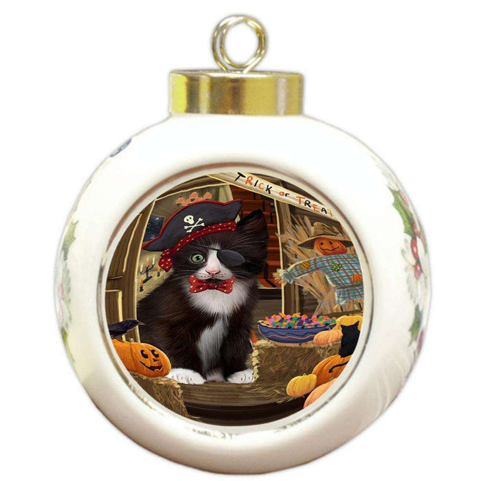 Enter at Own Risk Trick or Treat Halloween Tuxedo Cat Round Ball Christmas Ornament RBPOR53321