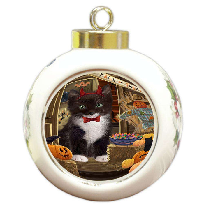 Enter at Own Risk Trick or Treat Halloween Tuxedo Cat Round Ball Christmas Ornament RBPOR53322