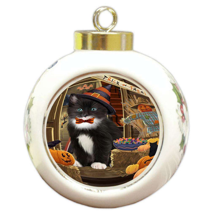 Enter at Own Risk Trick or Treat Halloween Tuxedo Cat Round Ball Christmas Ornament RBPOR53323