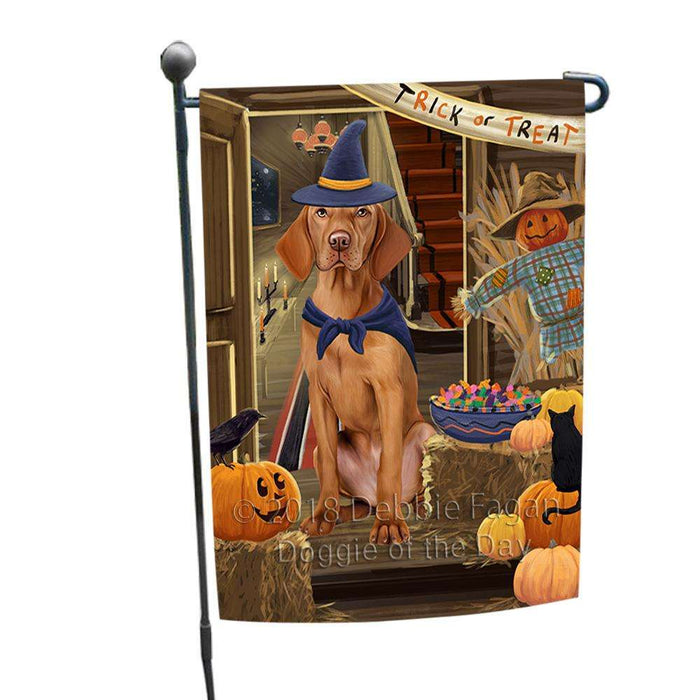 Enter at Own Risk Trick or Treat Halloween Vizsla Dog Garden Flag GFLG53386