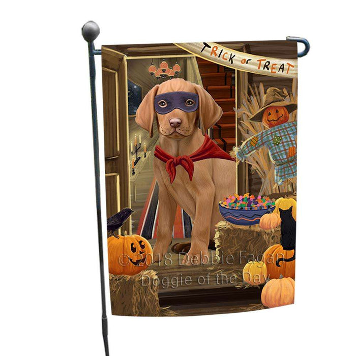 Enter at Own Risk Trick or Treat Halloween Vizsla Dog Garden Flag GFLG53387