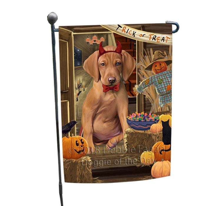 Enter at Own Risk Trick or Treat Halloween Vizsla Dog Garden Flag GFLG53389