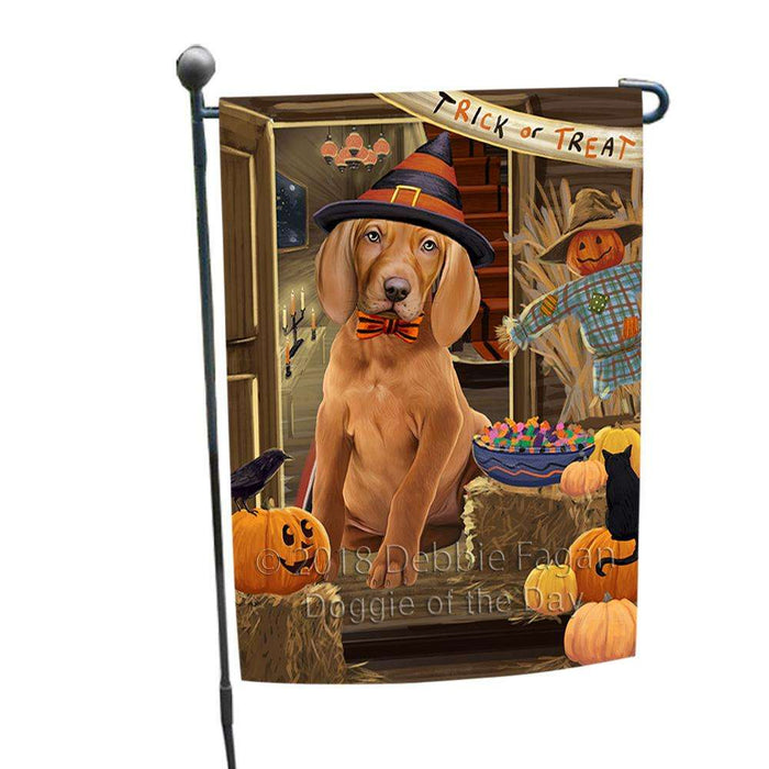 Enter at Own Risk Trick or Treat Halloween Vizsla Dog Garden Flag GFLG53390