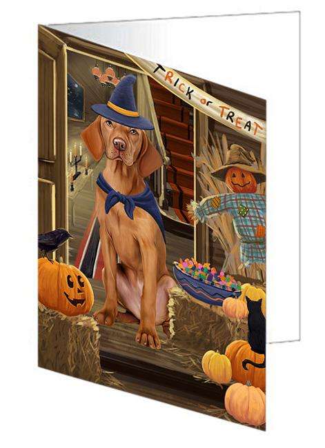 Enter at Own Risk Trick or Treat Halloween Vizsla Dog Handmade Artwork Assorted Pets Greeting Cards and Note Cards with Envelopes for All Occasions and Holiday Seasons GCD64001