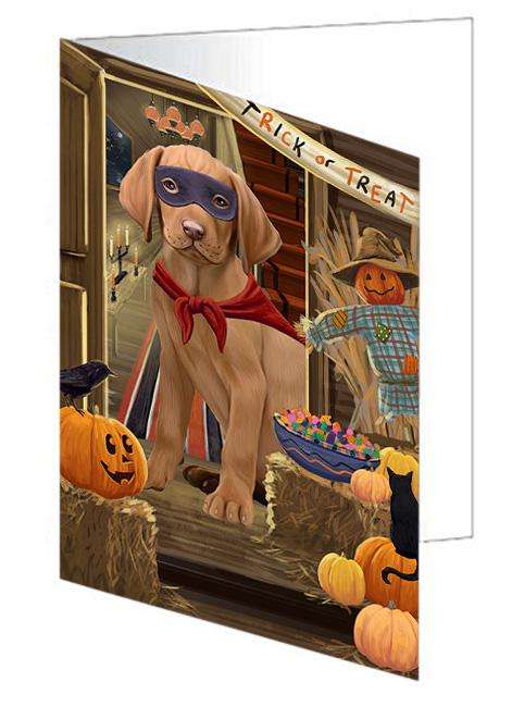 Enter at Own Risk Trick or Treat Halloween Vizsla Dog Handmade Artwork Assorted Pets Greeting Cards and Note Cards with Envelopes for All Occasions and Holiday Seasons GCD64004
