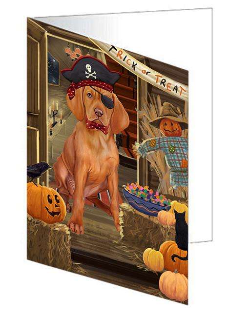 Enter at Own Risk Trick or Treat Halloween Vizsla Dog Handmade Artwork Assorted Pets Greeting Cards and Note Cards with Envelopes for All Occasions and Holiday Seasons GCD64007