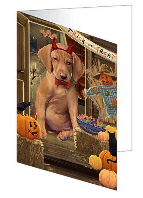 Enter at Own Risk Trick or Treat Halloween Vizsla Dog Handmade Artwork Assorted Pets Greeting Cards and Note Cards with Envelopes for All Occasions and Holiday Seasons GCD64010