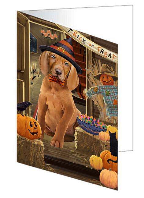 Enter at Own Risk Trick or Treat Halloween Vizsla Dog Handmade Artwork Assorted Pets Greeting Cards and Note Cards with Envelopes for All Occasions and Holiday Seasons GCD64013