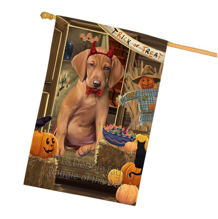 Enter at Own Risk Trick or Treat Halloween Vizsla Dog House Flag FLG53525