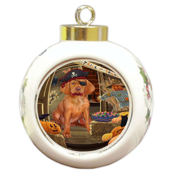 Enter at Own Risk Trick or Treat Halloween Vizsla Dog Round Ball Christmas Ornament RBPOR53326