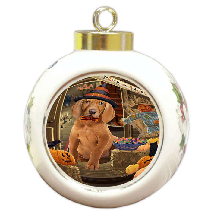 Enter at Own Risk Trick or Treat Halloween Vizsla Dog Round Ball Christmas Ornament RBPOR53328