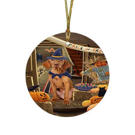Enter at Own Risk Trick or Treat Halloween Vizsla Dog Round Flat Christmas Ornament RFPOR53315
