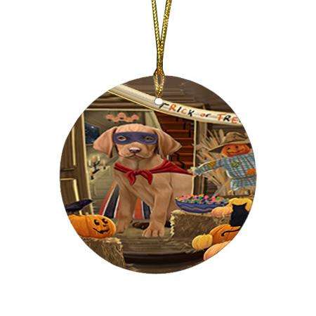Enter at Own Risk Trick or Treat Halloween Vizsla Dog Round Flat Christmas Ornament RFPOR53316
