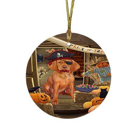 Enter at Own Risk Trick or Treat Halloween Vizsla Dog Round Flat Christmas Ornament RFPOR53317