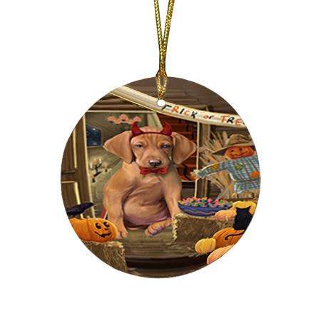 Enter at Own Risk Trick or Treat Halloween Vizsla Dog Round Flat Christmas Ornament RFPOR53318