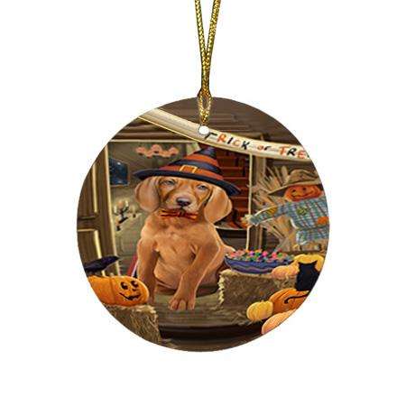 Enter at Own Risk Trick or Treat Halloween Vizsla Dog Round Flat Christmas Ornament RFPOR53319