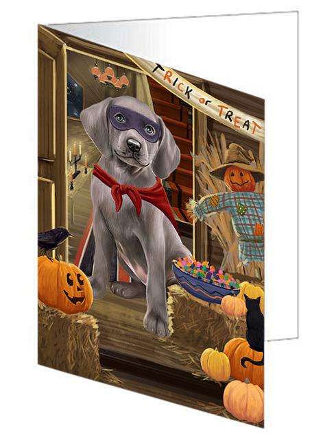 Enter at Own Risk Trick or Treat Halloween Weimaraner Dog Handmade Artwork Assorted Pets Greeting Cards and Note Cards with Envelopes for All Occasions and Holiday Seasons GCD64019