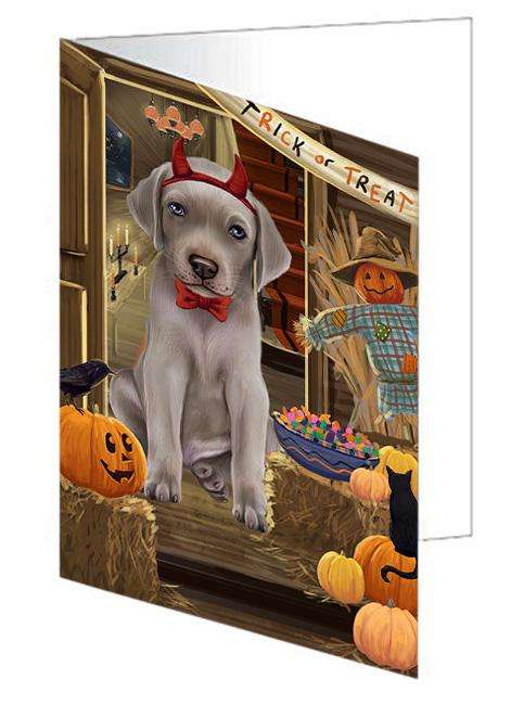 Enter at Own Risk Trick or Treat Halloween Weimaraner Dog Handmade Artwork Assorted Pets Greeting Cards and Note Cards with Envelopes for All Occasions and Holiday Seasons GCD64025