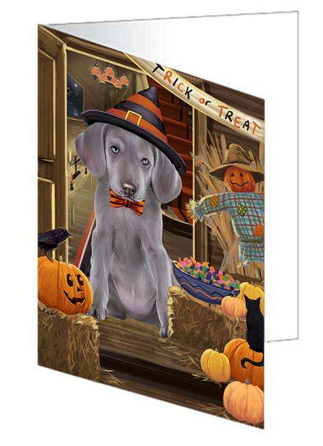 Enter at Own Risk Trick or Treat Halloween Weimaraner Dog Handmade Artwork Assorted Pets Greeting Cards and Note Cards with Envelopes for All Occasions and Holiday Seasons GCD64028