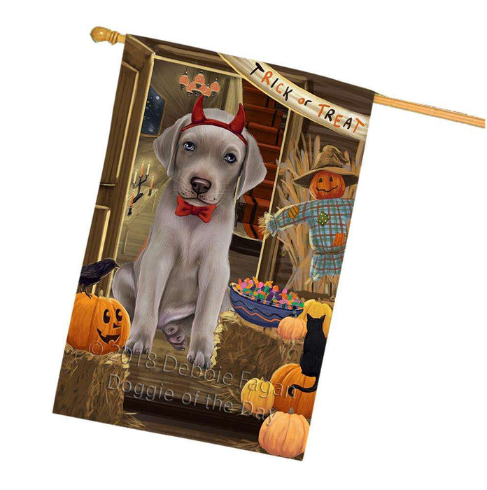 Enter at Own Risk Trick or Treat Halloween Weimaraner Dog House Flag FLG53530