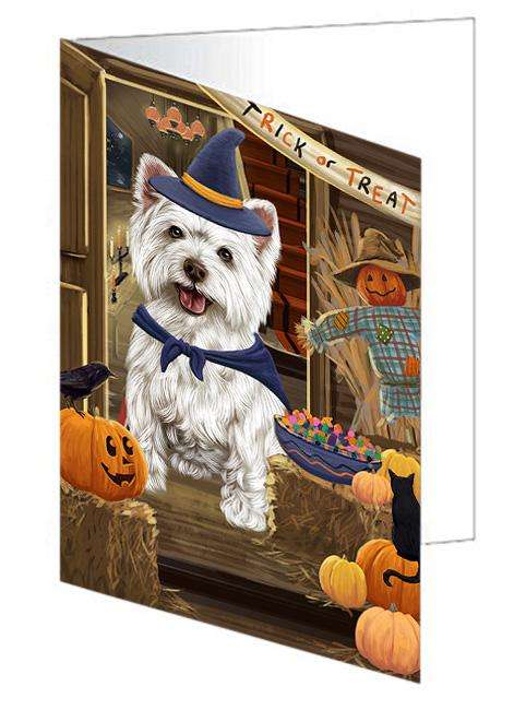 Enter at Own Risk Trick or Treat Halloween West Highland Terrier Dog Handmade Artwork Assorted Pets Greeting Cards and Note Cards with Envelopes for All Occasions and Holiday Seasons GCD64031