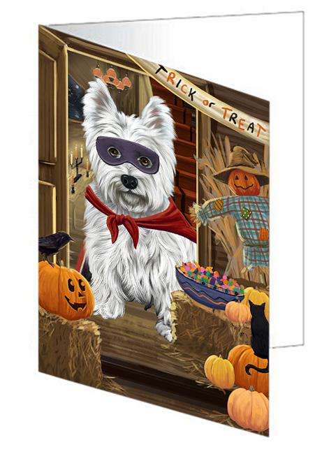 Enter at Own Risk Trick or Treat Halloween West Highland Terrier Dog Handmade Artwork Assorted Pets Greeting Cards and Note Cards with Envelopes for All Occasions and Holiday Seasons GCD64034