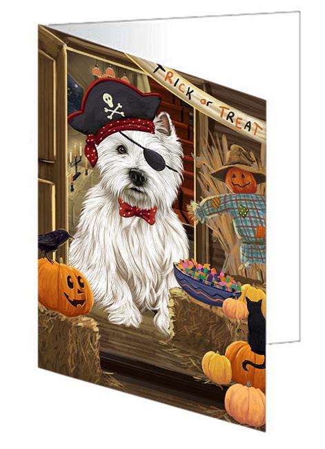 Enter at Own Risk Trick or Treat Halloween West Highland Terrier Dog Handmade Artwork Assorted Pets Greeting Cards and Note Cards with Envelopes for All Occasions and Holiday Seasons GCD64037