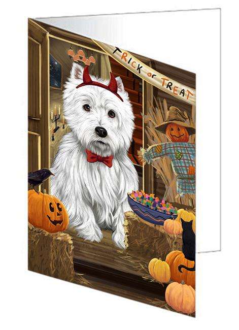 Enter at Own Risk Trick or Treat Halloween West Highland Terrier Dog Handmade Artwork Assorted Pets Greeting Cards and Note Cards with Envelopes for All Occasions and Holiday Seasons GCD64040