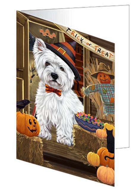 Enter at Own Risk Trick or Treat Halloween West Highland Terrier Dog Handmade Artwork Assorted Pets Greeting Cards and Note Cards with Envelopes for All Occasions and Holiday Seasons GCD64043