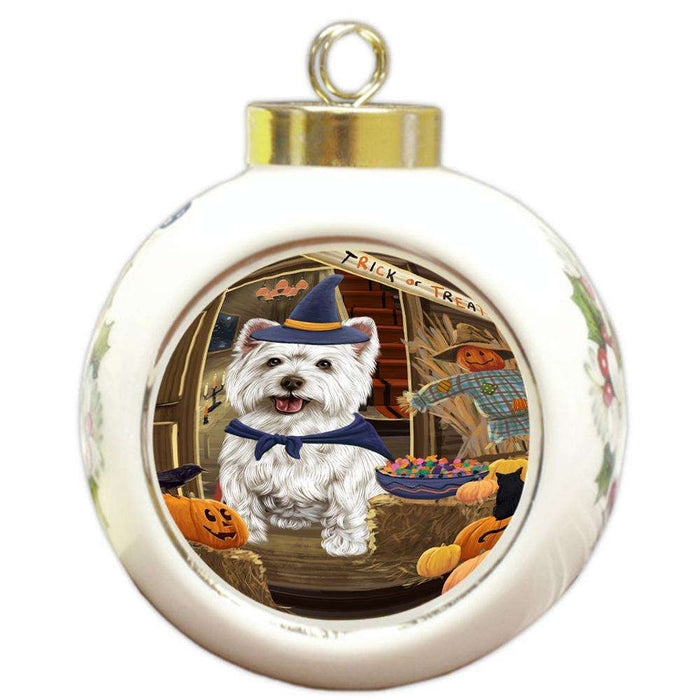 Enter at Own Risk Trick or Treat Halloween West Highland Terrier Dog Round Ball Christmas Ornament RBPOR53334