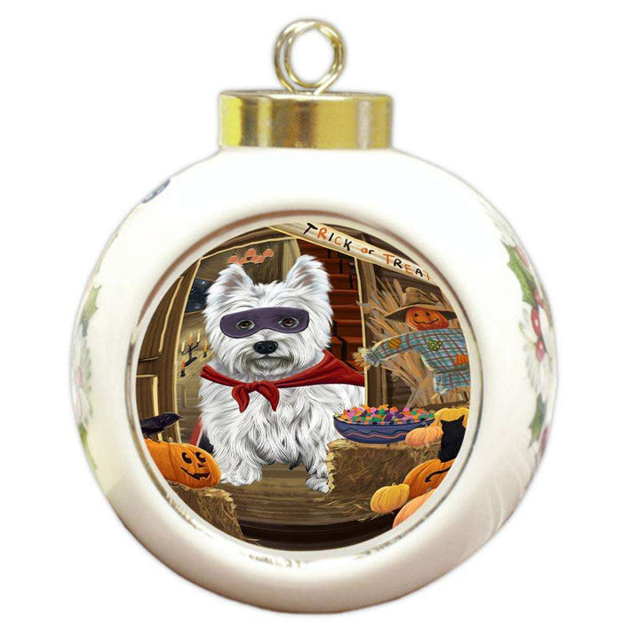 Enter at Own Risk Trick or Treat Halloween West Highland Terrier Dog Round Ball Christmas Ornament RBPOR53335