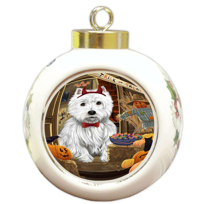 Enter at Own Risk Trick or Treat Halloween West Highland Terrier Dog Round Ball Christmas Ornament RBPOR53337