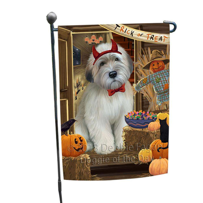 Enter at Own Risk Trick or Treat Halloween Wheaten Terrier Dog Garden Flag GFLG53404
