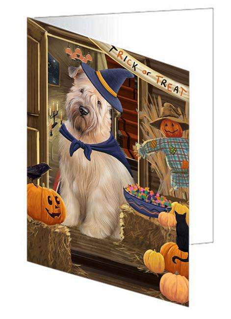 Enter at Own Risk Trick or Treat Halloween Wheaten Terrier Dog Handmade Artwork Assorted Pets Greeting Cards and Note Cards with Envelopes for All Occasions and Holiday Seasons GCD64046