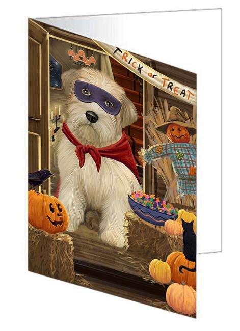 Enter at Own Risk Trick or Treat Halloween Wheaten Terrier Dog Handmade Artwork Assorted Pets Greeting Cards and Note Cards with Envelopes for All Occasions and Holiday Seasons GCD64049