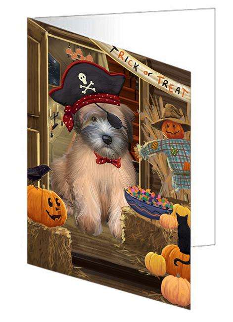 Enter at Own Risk Trick or Treat Halloween Wheaten Terrier Dog Handmade Artwork Assorted Pets Greeting Cards and Note Cards with Envelopes for All Occasions and Holiday Seasons GCD64052