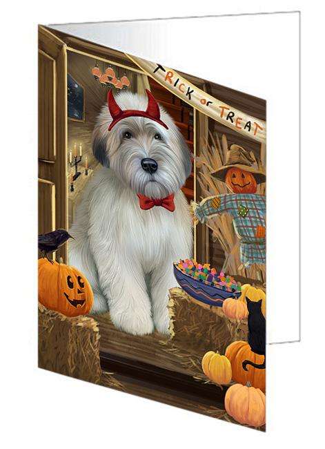 Enter at Own Risk Trick or Treat Halloween Wheaten Terrier Dog Handmade Artwork Assorted Pets Greeting Cards and Note Cards with Envelopes for All Occasions and Holiday Seasons GCD64055