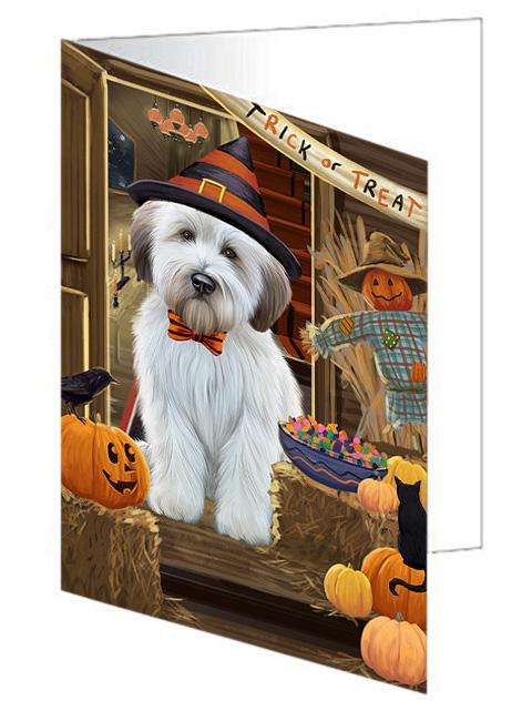 Enter at Own Risk Trick or Treat Halloween Wheaten Terrier Dog Handmade Artwork Assorted Pets Greeting Cards and Note Cards with Envelopes for All Occasions and Holiday Seasons GCD64058