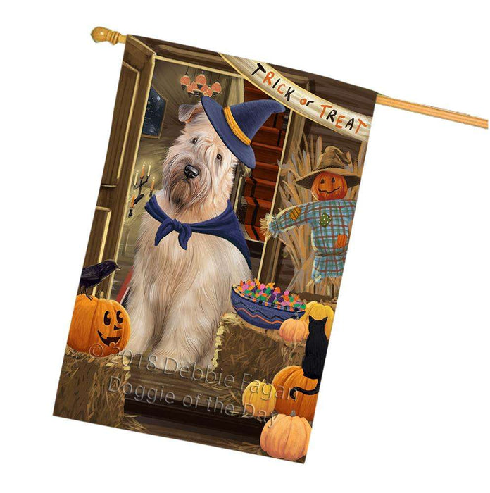 Enter at Own Risk Trick or Treat Halloween Wheaten Terrier Dog House Flag FLG53537