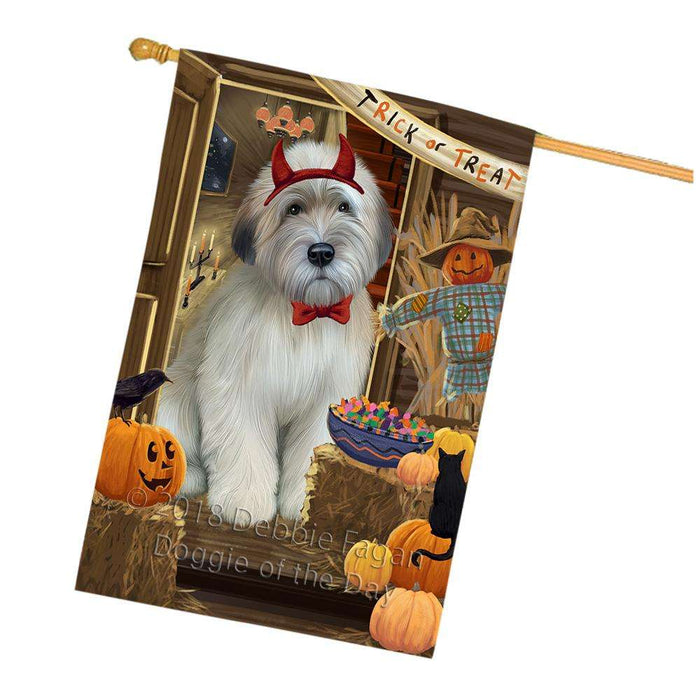 Enter at Own Risk Trick or Treat Halloween Wheaten Terrier Dog House Flag FLG53540