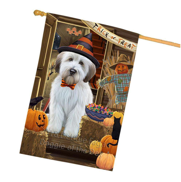 Enter at Own Risk Trick or Treat Halloween Wheaten Terrier Dog House Flag FLG53541