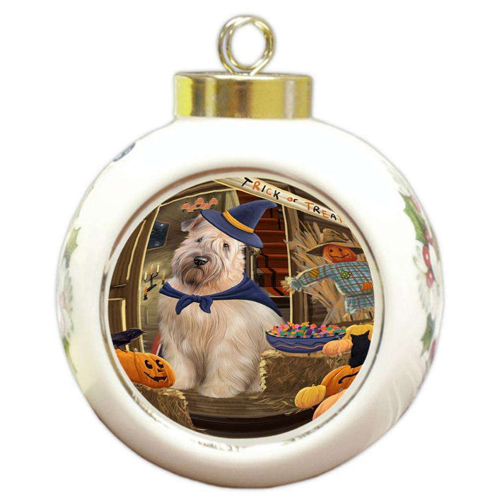 Enter at Own Risk Trick or Treat Halloween Wheaten Terrier Dog Round Ball Christmas Ornament RBPOR53339