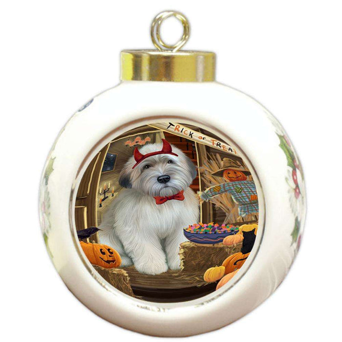 Enter at Own Risk Trick or Treat Halloween Wheaten Terrier Dog Round Ball Christmas Ornament RBPOR53342