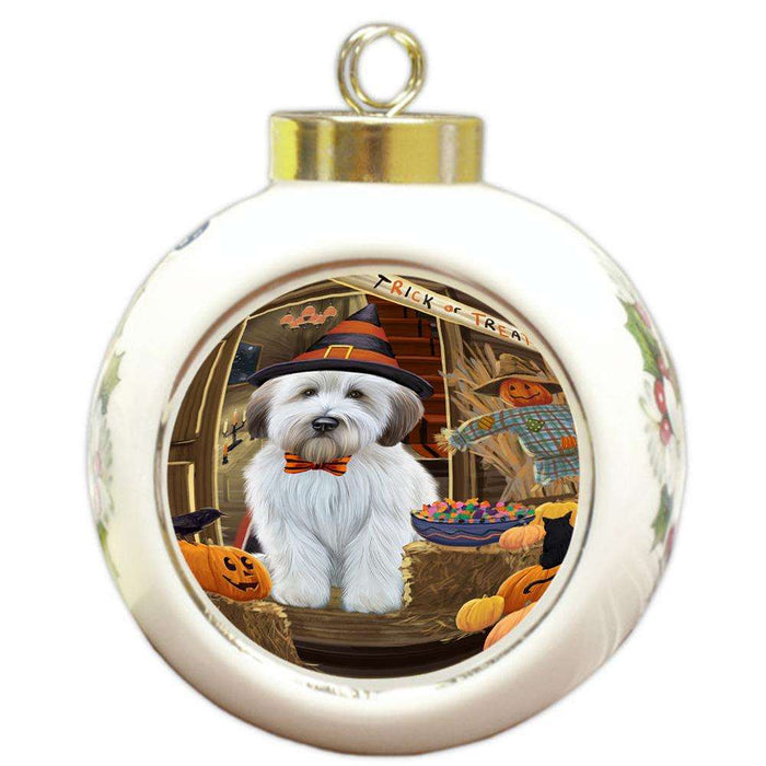 Enter at Own Risk Trick or Treat Halloween Wheaten Terrier Dog Round Ball Christmas Ornament RBPOR53343