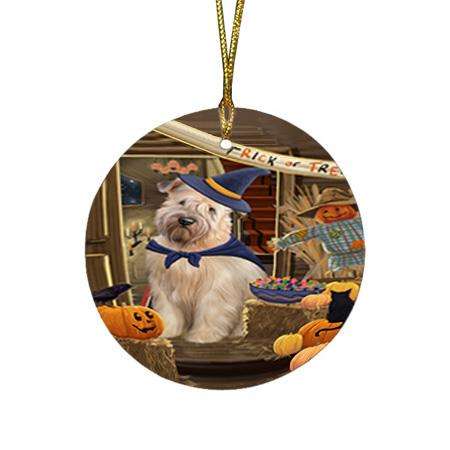 Enter at Own Risk Trick or Treat Halloween Wheaten Terrier Dog Round Flat Christmas Ornament RFPOR53330