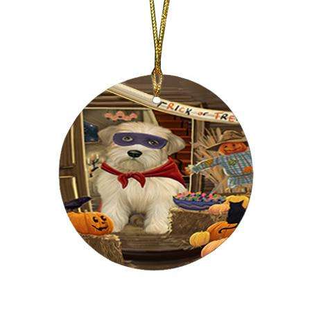 Enter at Own Risk Trick or Treat Halloween Wheaten Terrier Dog Round Flat Christmas Ornament RFPOR53331