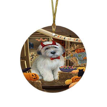Enter at Own Risk Trick or Treat Halloween Wheaten Terrier Dog Round Flat Christmas Ornament RFPOR53333