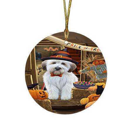 Enter at Own Risk Trick or Treat Halloween Wheaten Terrier Dog Round Flat Christmas Ornament RFPOR53334