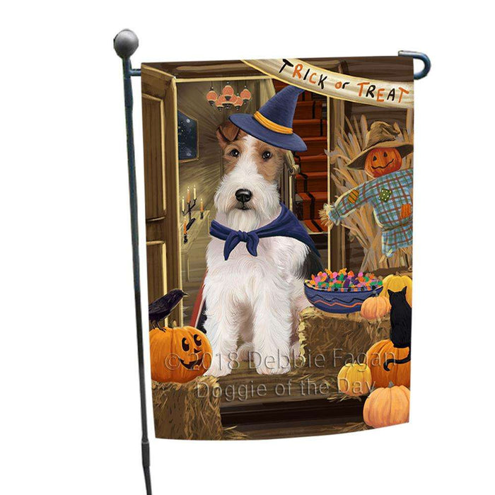 Enter at Own Risk Trick or Treat Halloween Wire Fox Terrier Dog Garden Flag GFLG53406