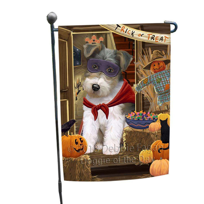 Enter at Own Risk Trick or Treat Halloween Wire Fox Terrier Dog Garden Flag GFLG53407